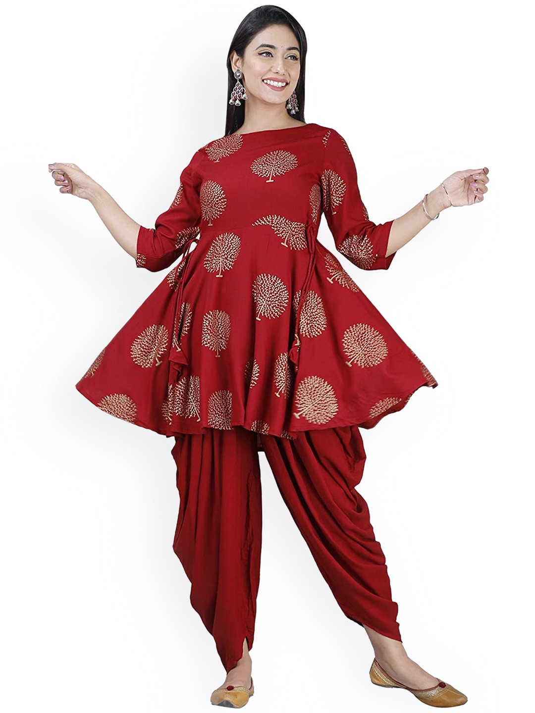 

Sajke Women Maroon Printed Kurti with Dhoti Pants