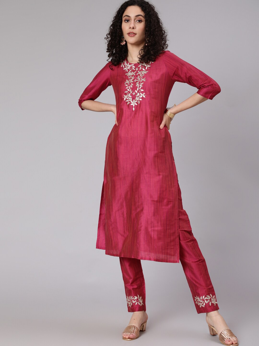 

Awadhi Women Magenta Yoke Design Kurti with Trousers & With Dupatta