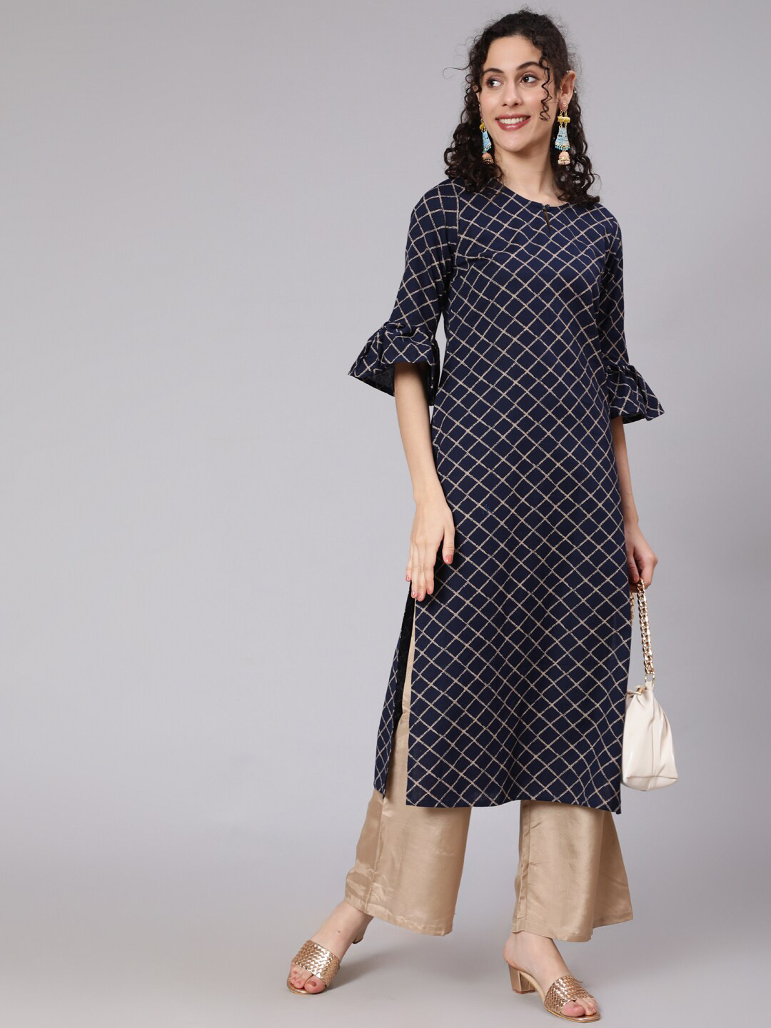 

Awadhi Women Navy Blue Checked Flared Sleeves Mirror Work Kurta
