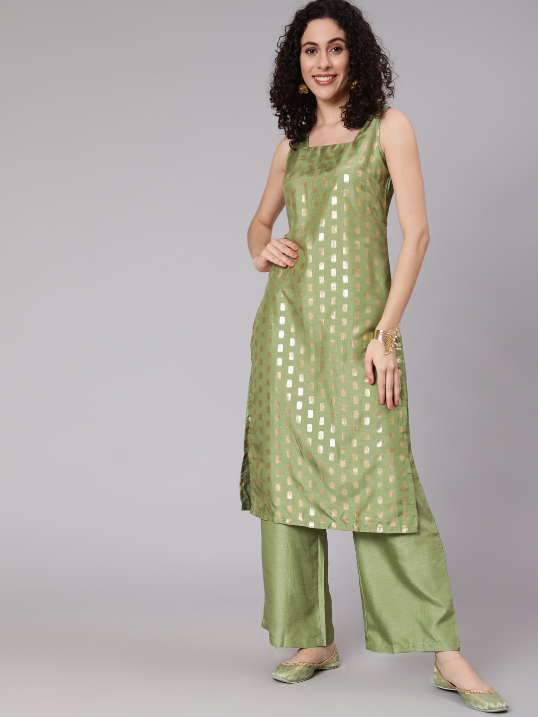 

Awadhi Women Green High Slit Kurta with Palazzos