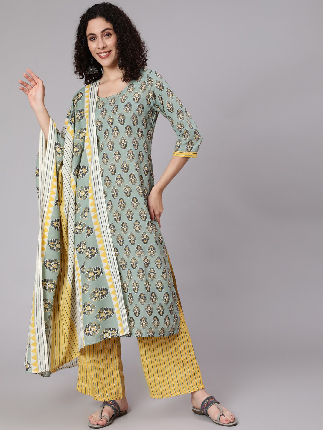 

Awadhi Women Green & Yellow Printed Kurta with Palazzos & With Dupatta