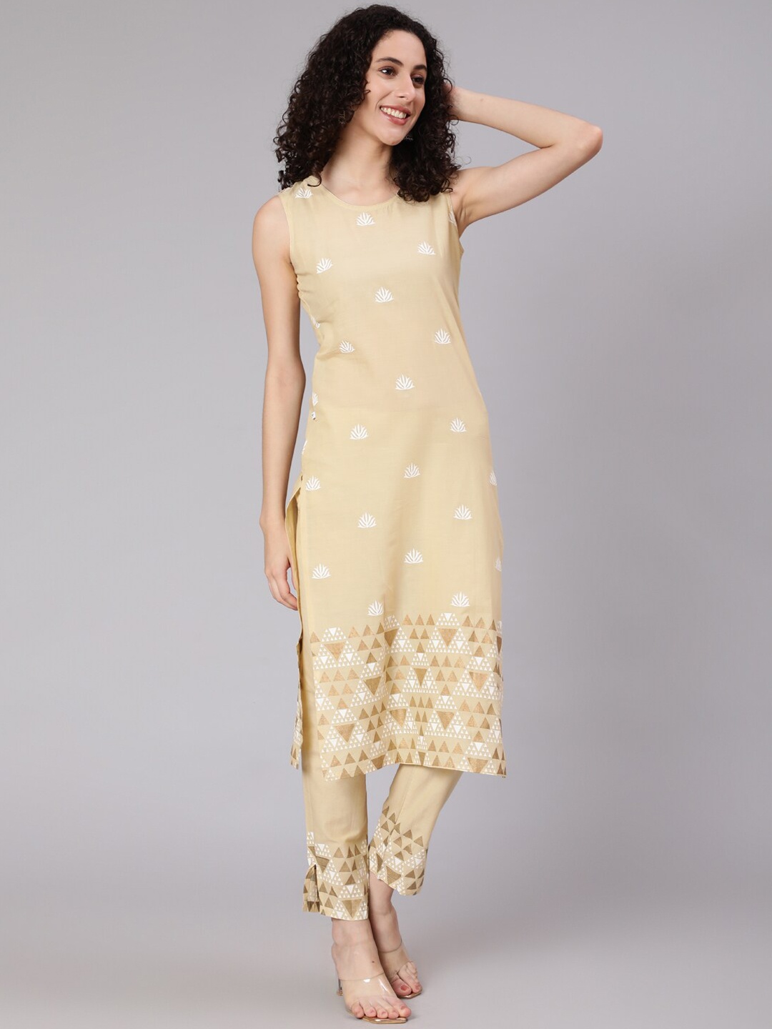 

Awadhi Women Beige Printed Pure Cotton Kurta with Trousers