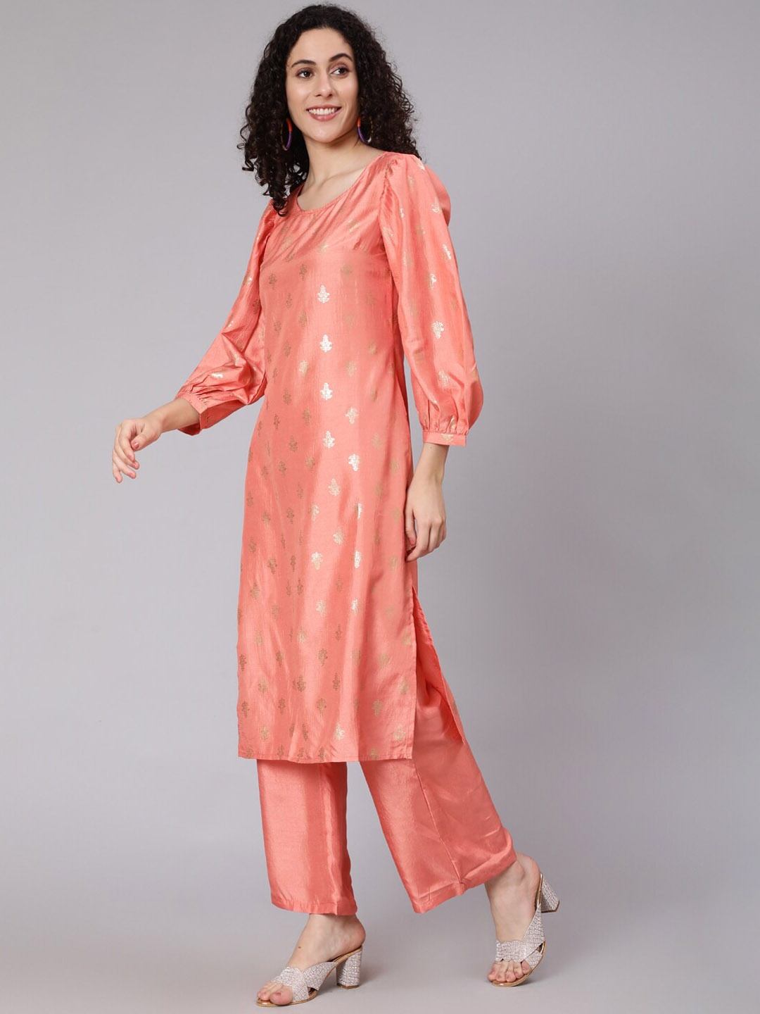 

Awadhi Women Peach Gold Foil Printed Straight Kurta With Palazzo Set