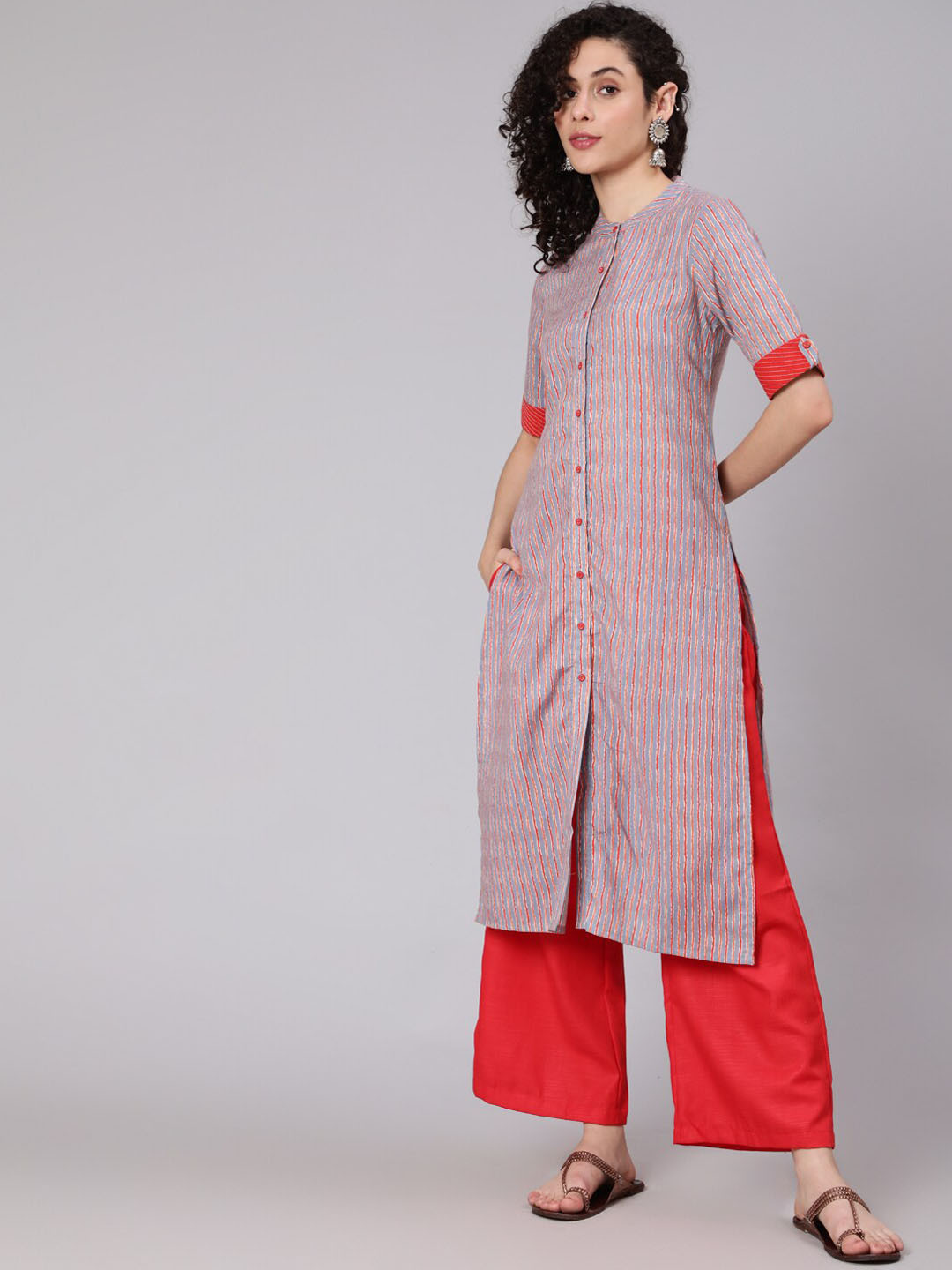 

Awadhi Women Red Checked Thread Work Kurta