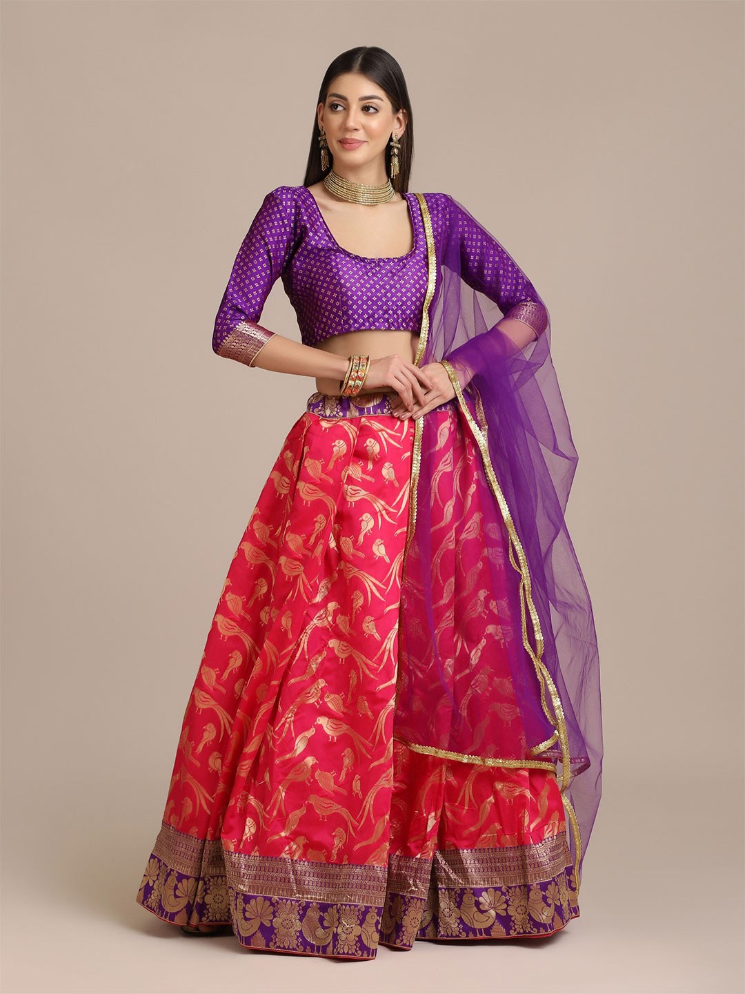 

Warthy Ent Purple & Fuchsia Semi-Stitched Lehenga & Unstitched Blouse With Dupatta