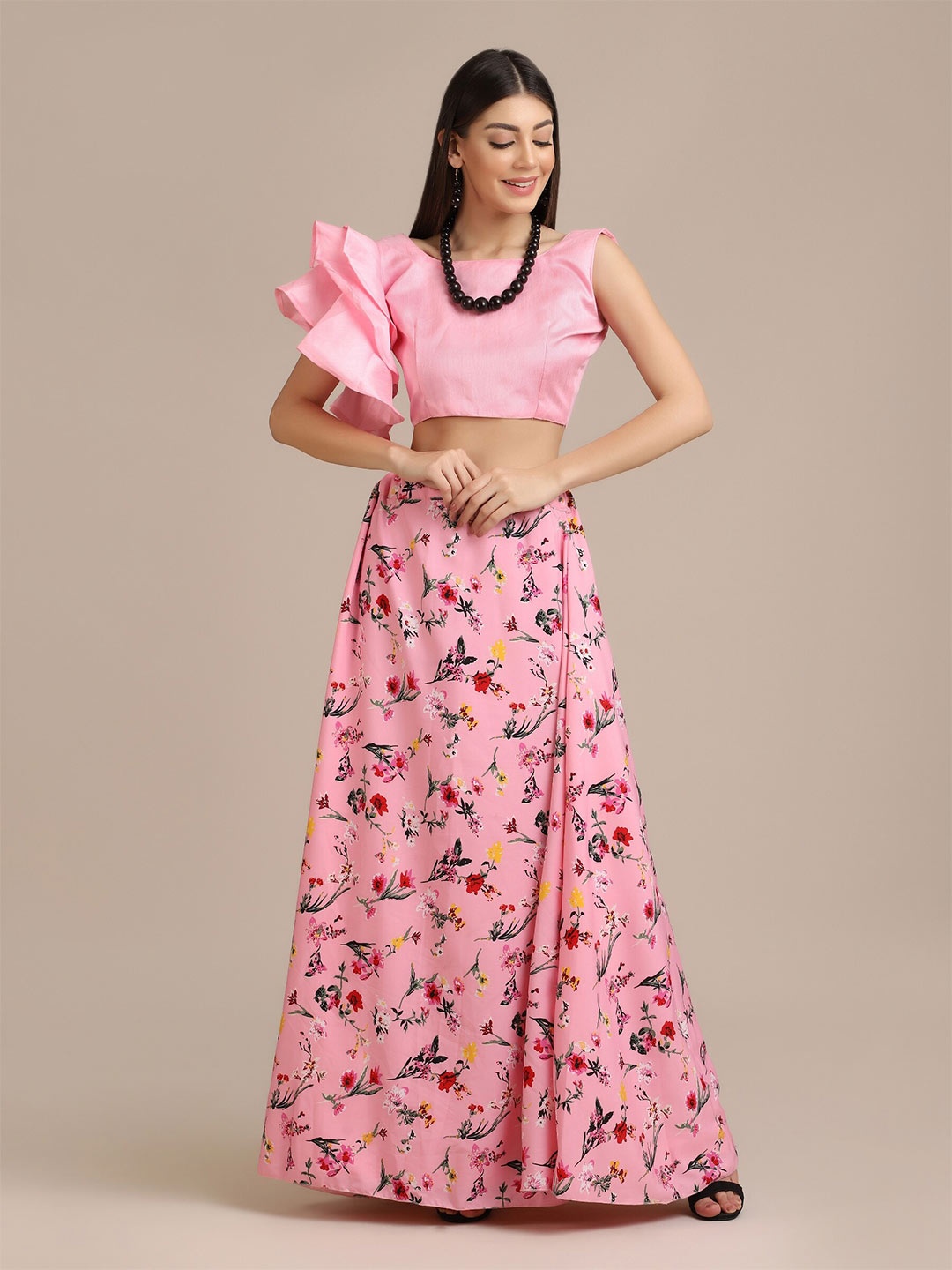 

Warthy Ent Pink & Green Semi-Stitched Floral printed Lehenga Choli