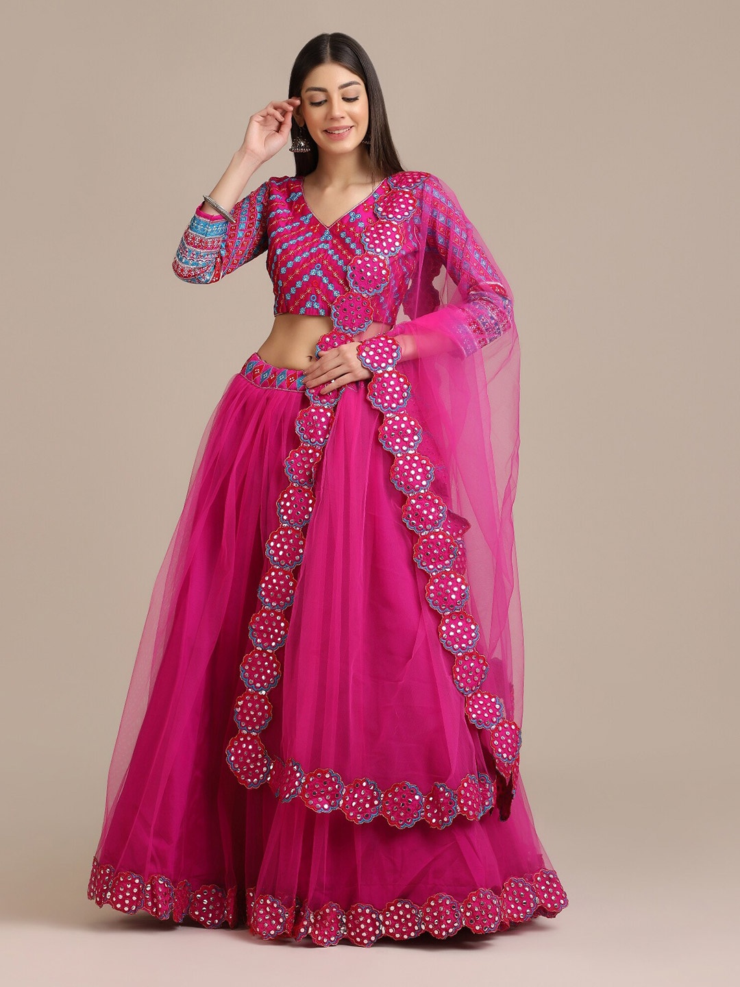 

Warthy Ent Pink & Blue Printed Mirror Work Semi-Stitched Lehenga & Unstitched Blouse With Dupatta