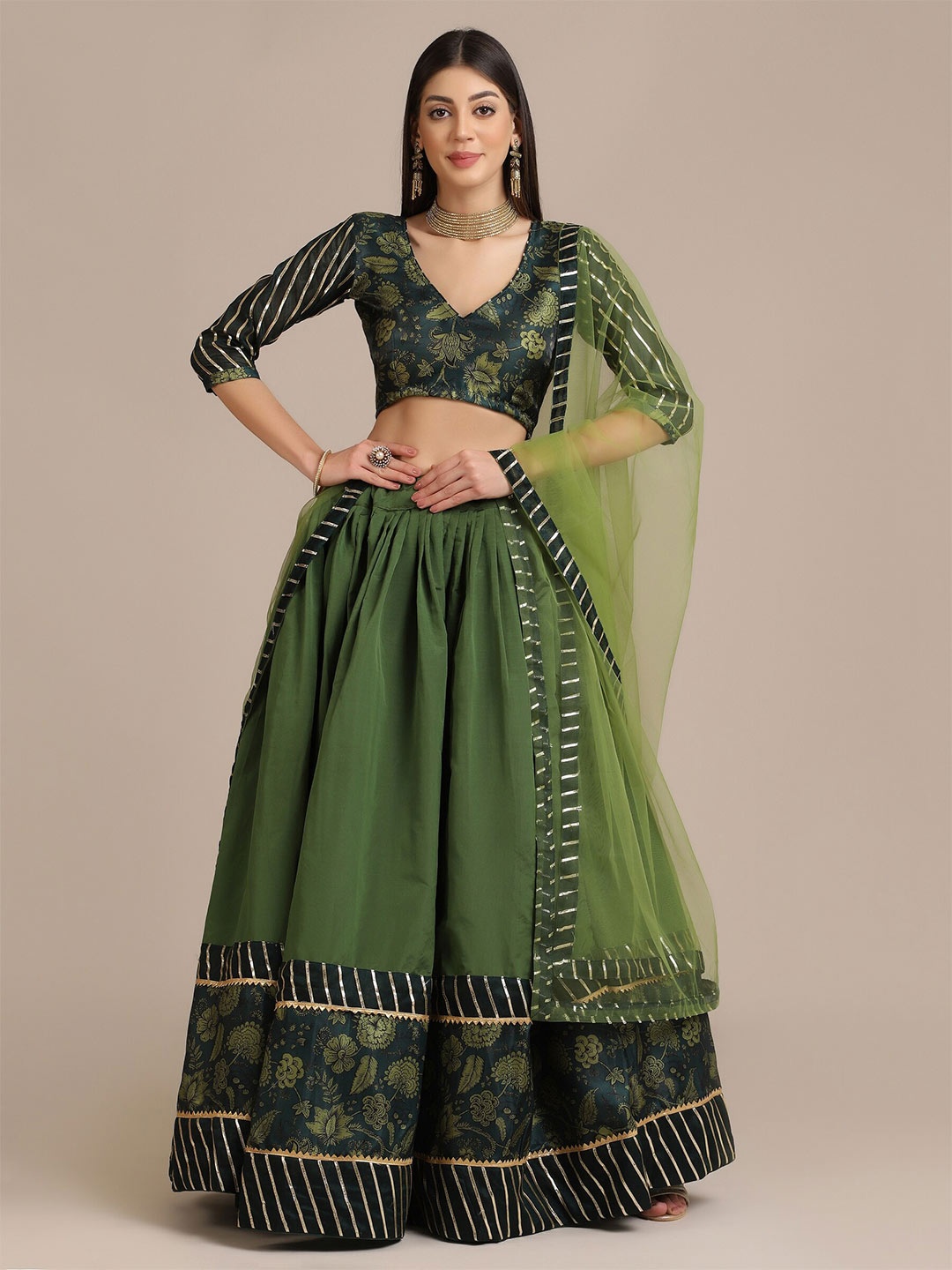 

Warthy Ent Women Green & Black Printed Semi-Stitched Lehenga & Unstitched Blouse With Dupatta