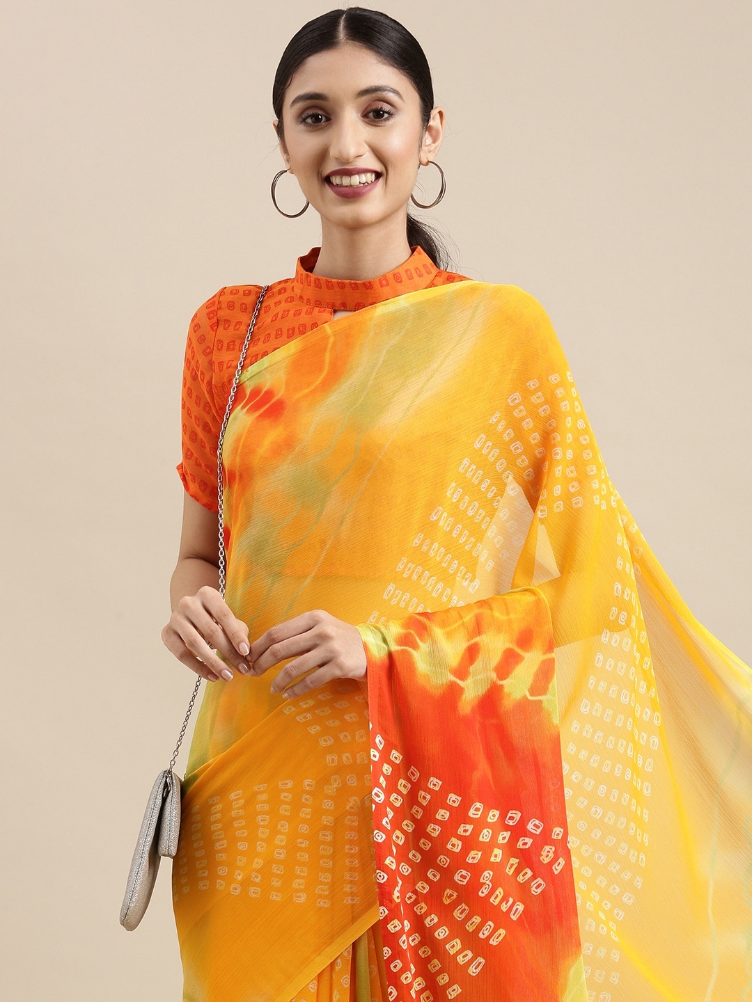 

Mitera Yellow & Red Pure Chiffon Bandhani Saree