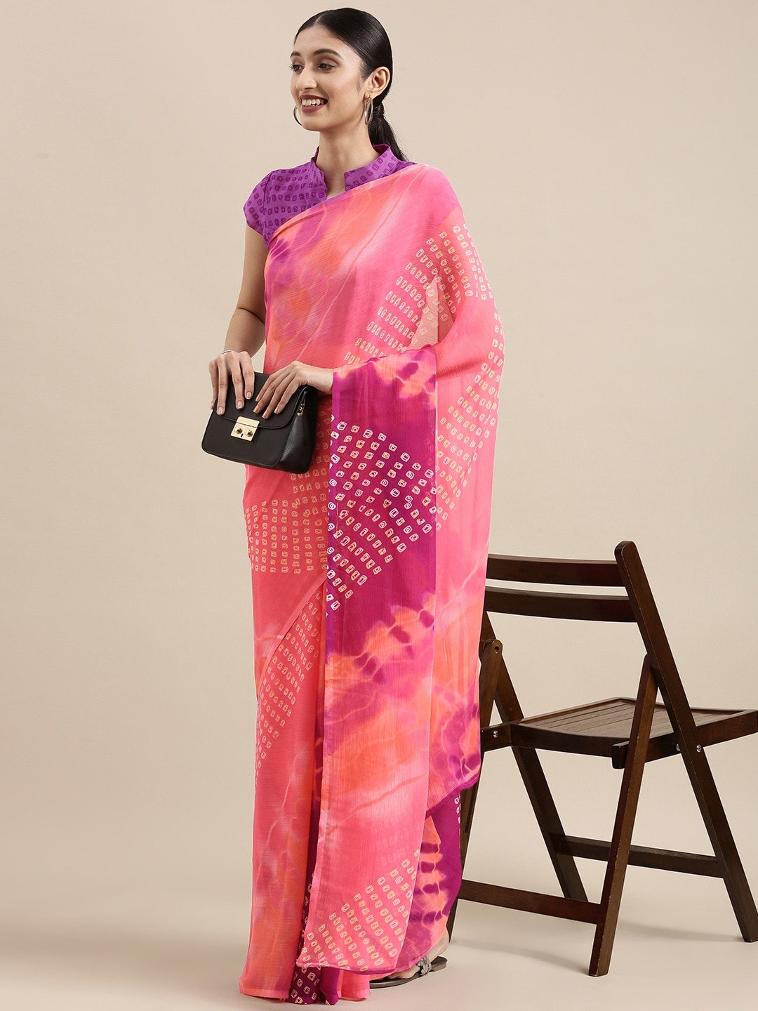 

Mitera Pink & Purple Pure Chiffon Bandhani Saree