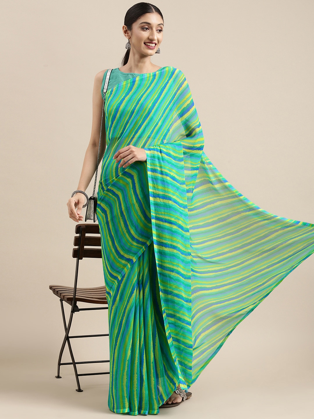 

Mitera Green Pure Chiffon Leheriya Saree