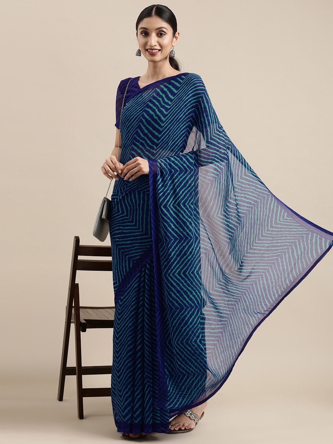 

Mitera Navy Blue Pure Chiffon Leheriya Saree
