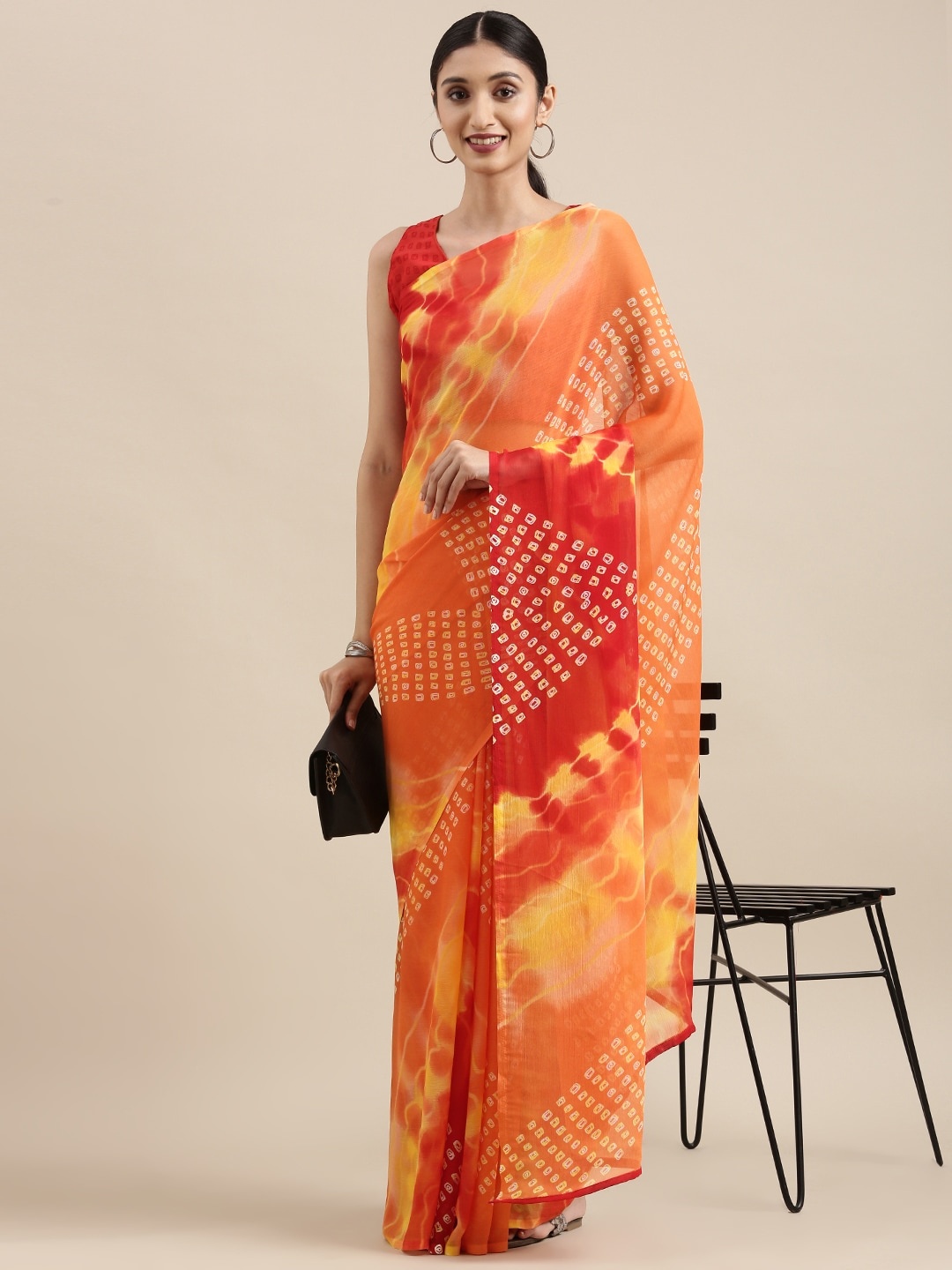 

Mitera Orange & Red Pure Chiffon Bandhani Saree