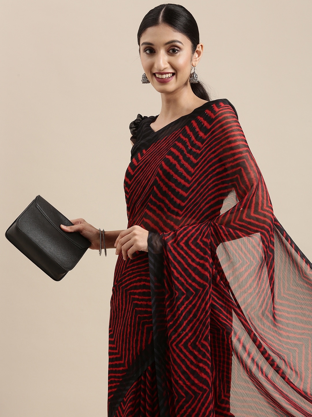 

Mitera Black & Red Pure Chiffon Leheriya Saree