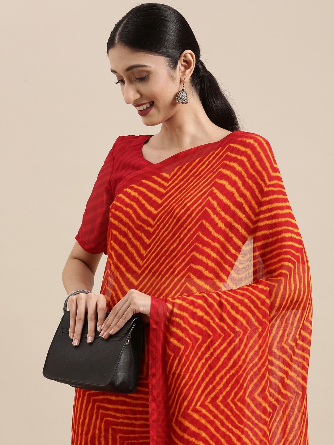

Mitera Red & Mustard Yellow Pure Chiffon Leheriya Saree
