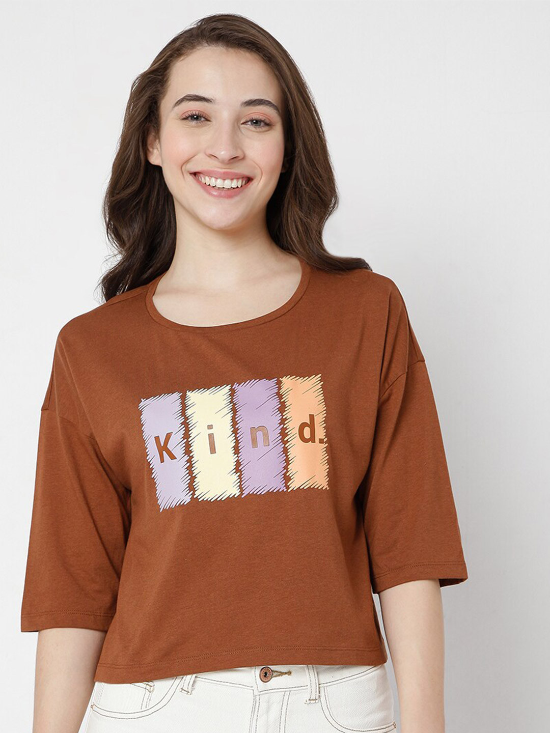 

Vero Moda Women Brown Typography V-Neck Applique T-shirt