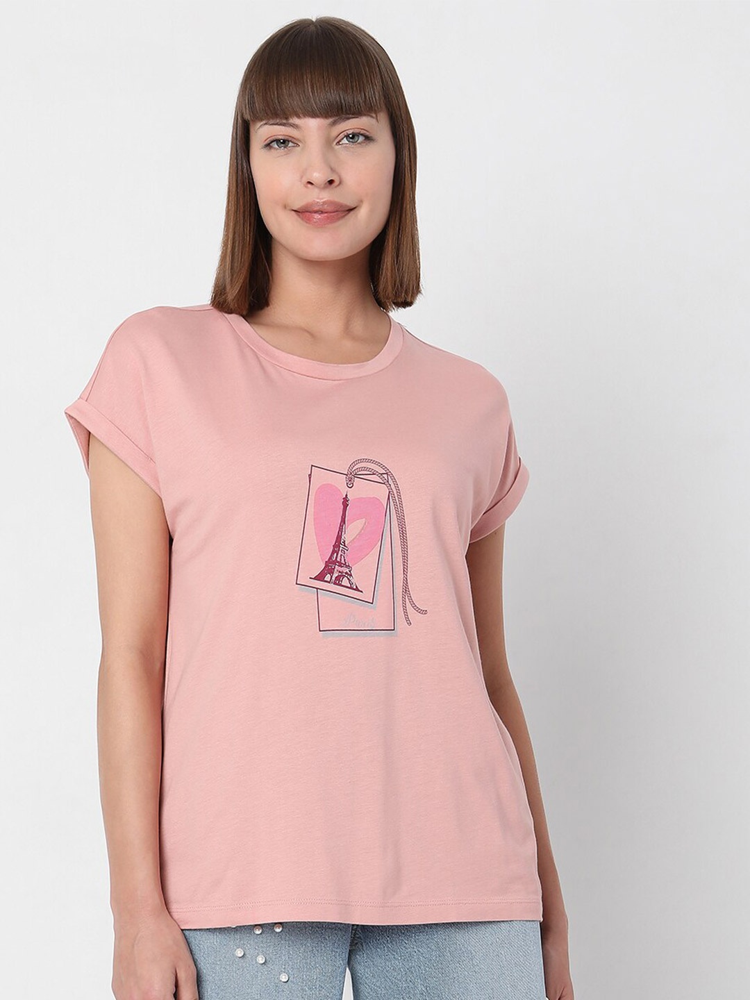 

Vero Moda Women Pink Typography Printed V-Neck Extended Sleeves T-shirt