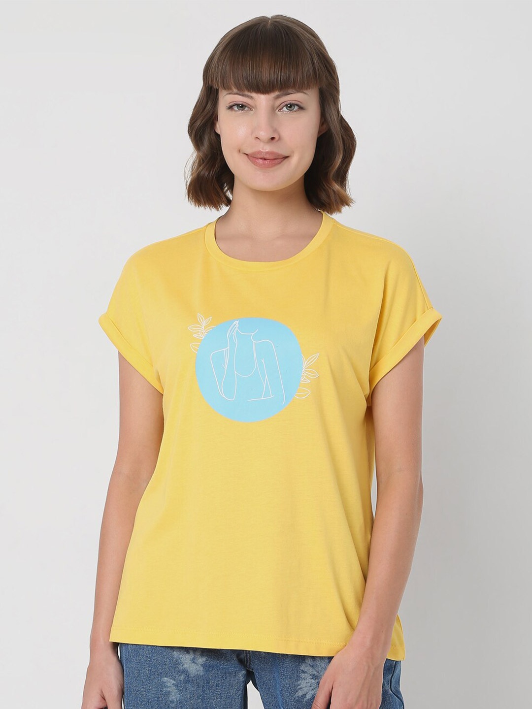 

Vero Moda Women Yellow Printed Polo Collar Applique T-shirt