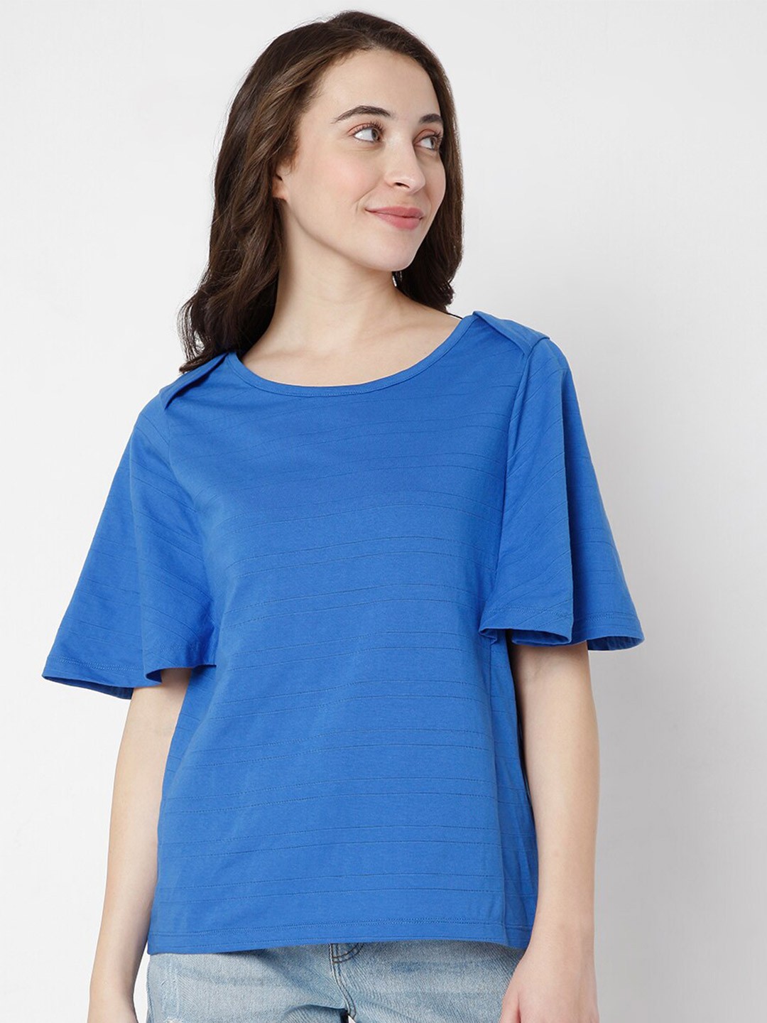 

Vero Moda Women Blue Solid Dolman Sleeves Pure Cotton T-shirt