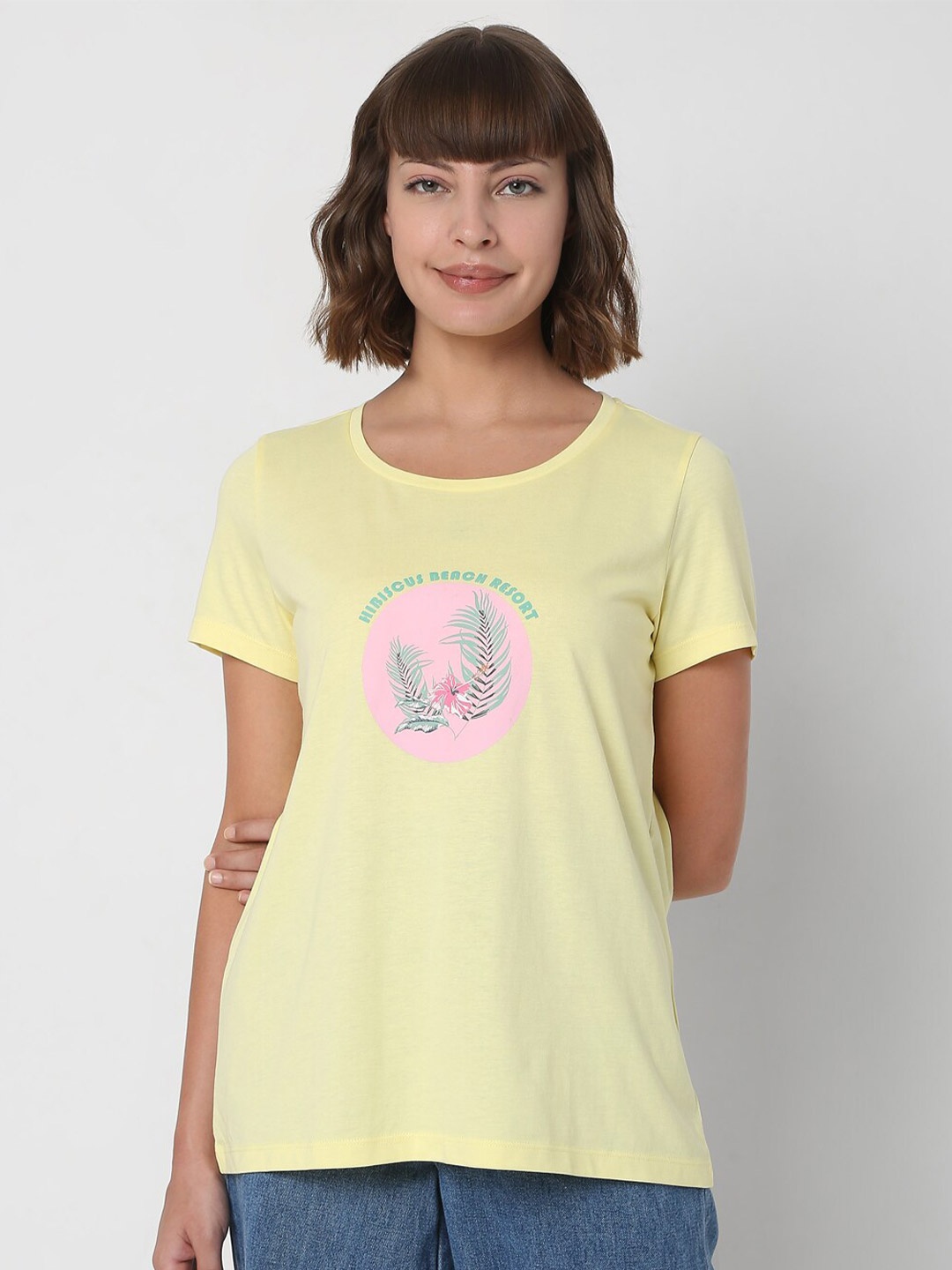 

Vero Moda Women Yellow Typography Printed T-shirt