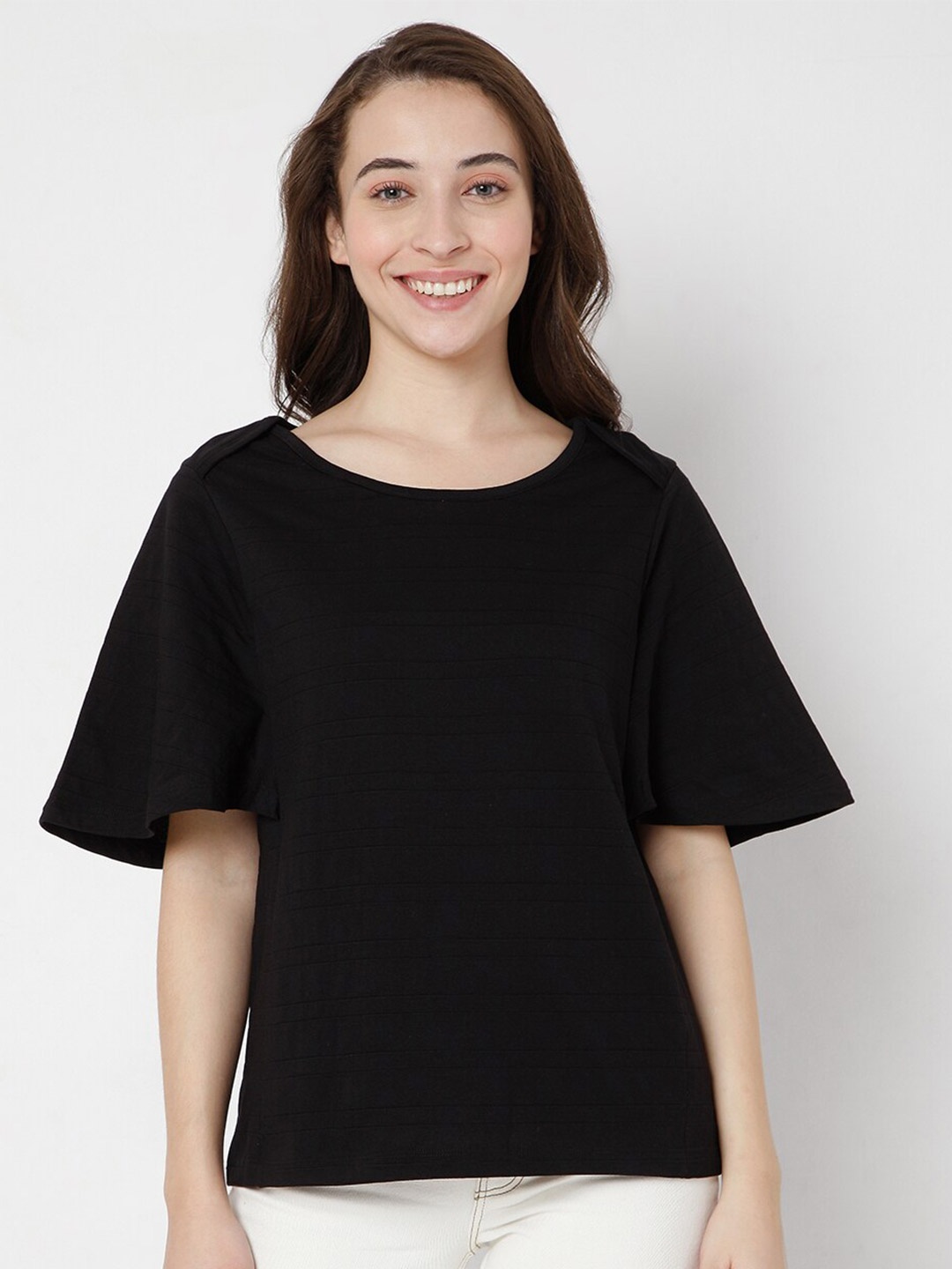 

Vero Moda Women Black Extended Sleeves Pure Cotton Applique T-shirt