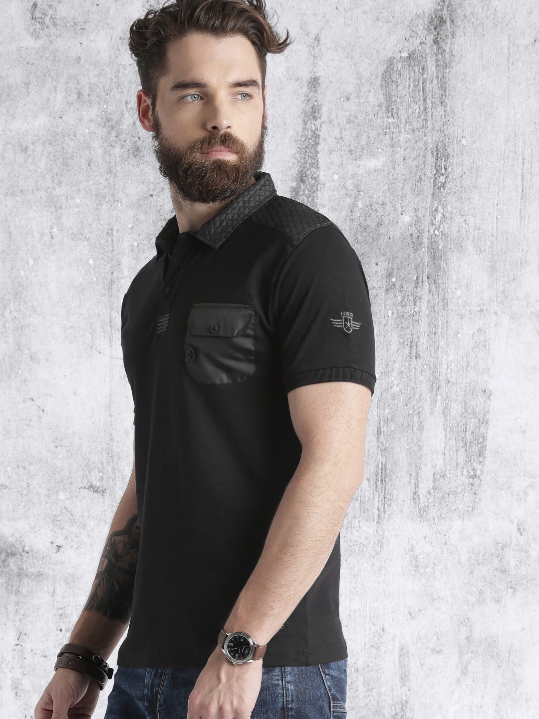 

Roadster Men Black Solid Polo Pure Cotton T-shirt with PU Detail
