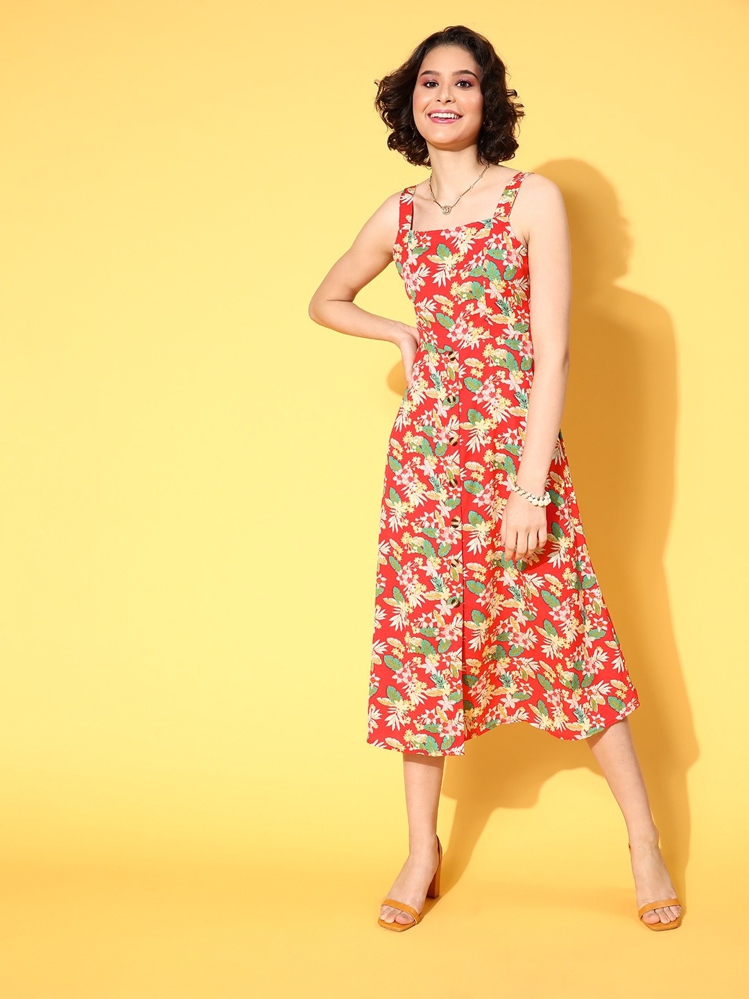 

Berrylush Coral & Green Floral A-Line Midi Dress