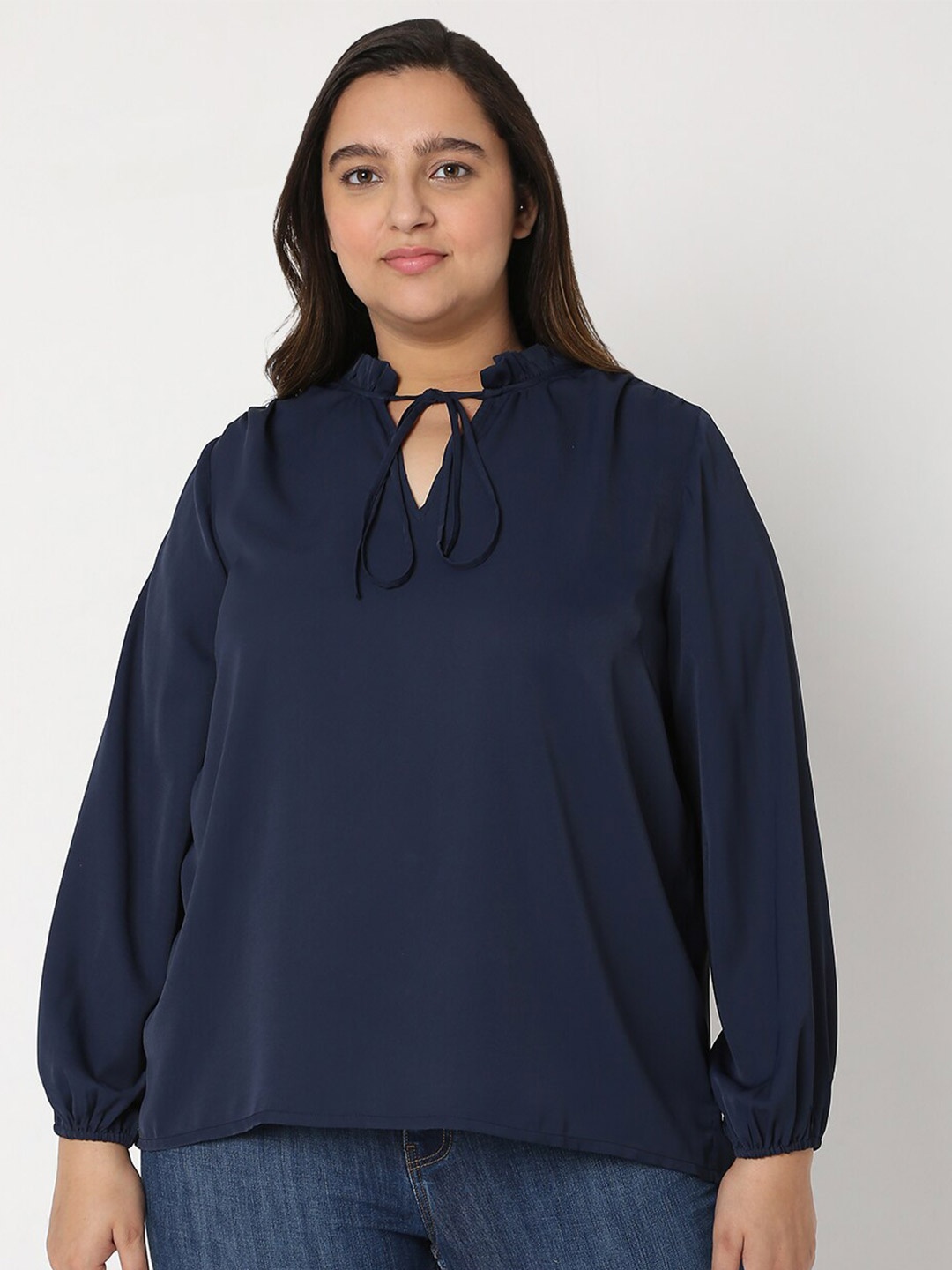 

VERO MODA CURVE Navy Blue Tie-Up Neck Top