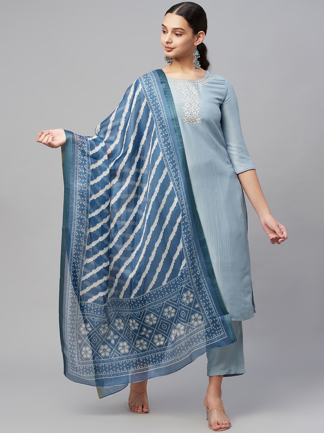 

Myshka Women Blue Ethnic Motifs Yoke Design Kurta with Trousers & Dupatta