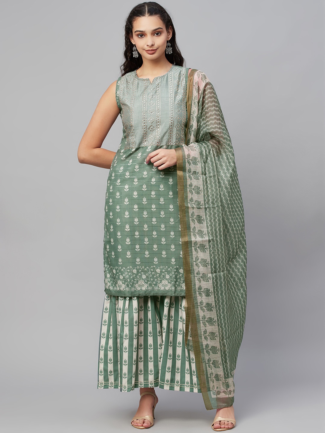 

Myshka Women Green & Grey Ethnic Motifs Printed Kurta with Sharara & Dupatta