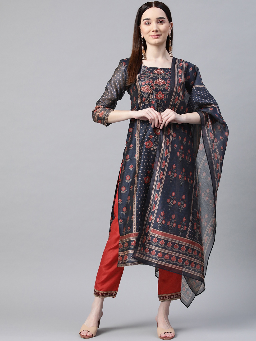 

Myshka Women Blue & Red Floral Sequinned Chanderi Silk Kurta with Trousers & Dupatta