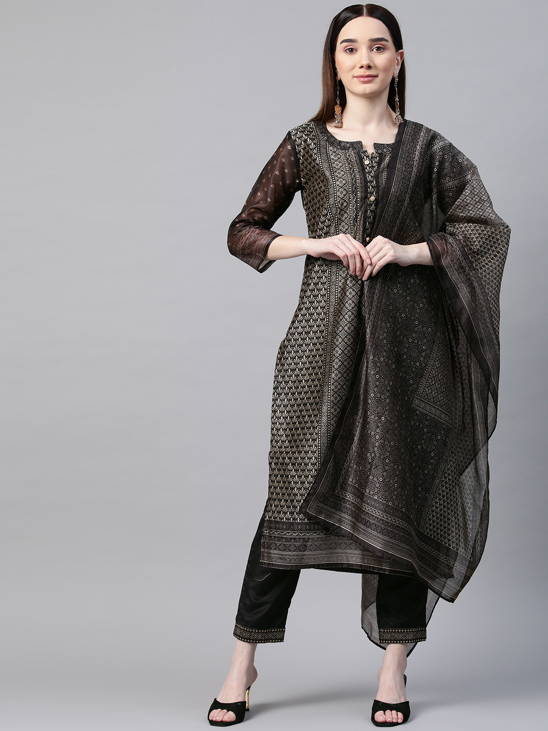 

Myshka Women Black & Off-White Ethnic Motifs Print Kurta with Trousers & With Dupatta