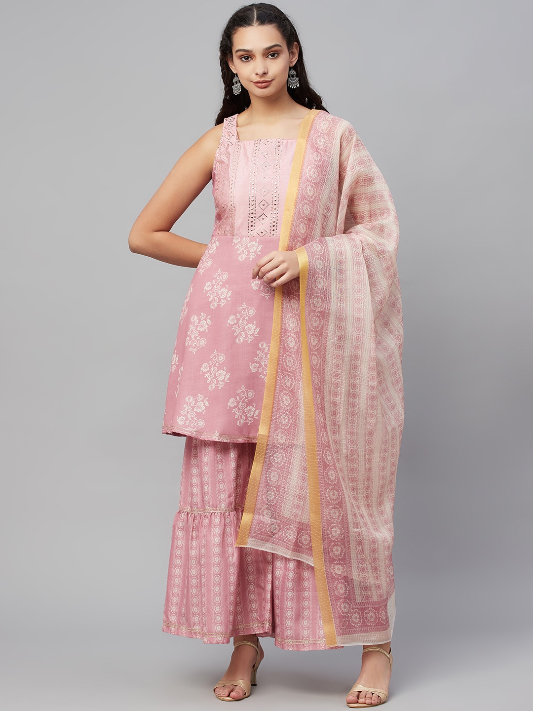 

Myshka Women Peach-Coloured Ethnic Motifs Printed Kurti with Sharara & Dupatta