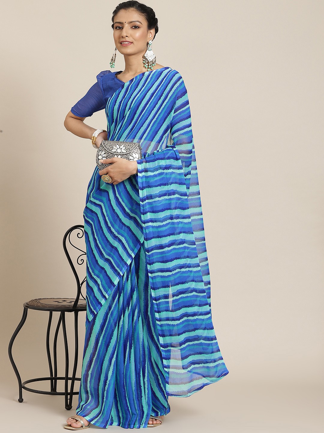 

Satrani Blue Leheriya Pure Chiffon Leheriya Saree