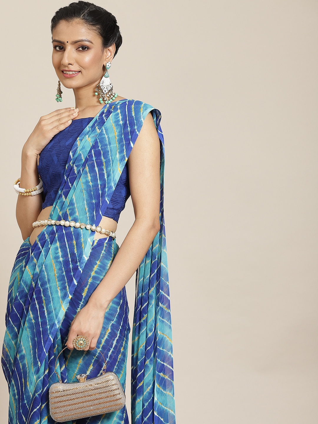 

Satrani Blue Leheriya Pure Chiffon Leheriya Saree