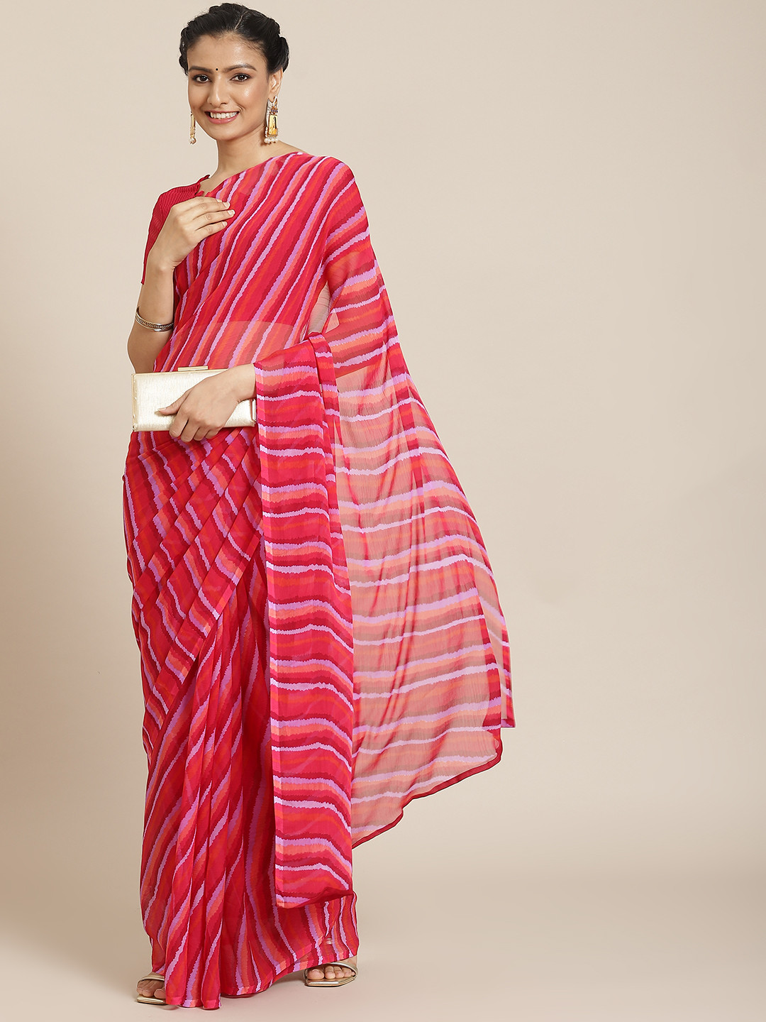 

Satrani Pink Leheriya Pure Chiffon Leheriya Saree