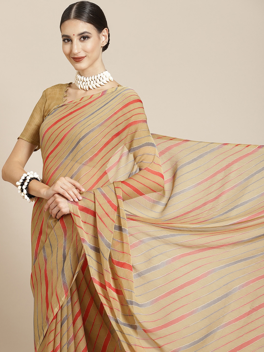 

Satrani Beige & Red Leheriya Pure Chiffon Leheriya Saree