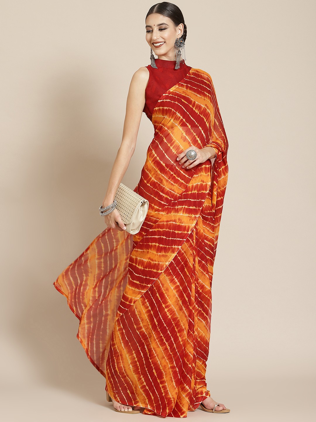 

Satrani Red & Yellow Leheriya Pure Chiffon Leheriya Saree