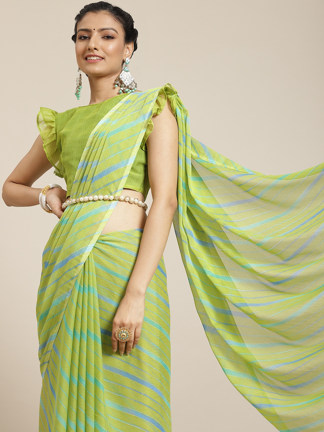 

Satrani Lime Green & Blue Leheriya Pure Chiffon Leheriya Saree