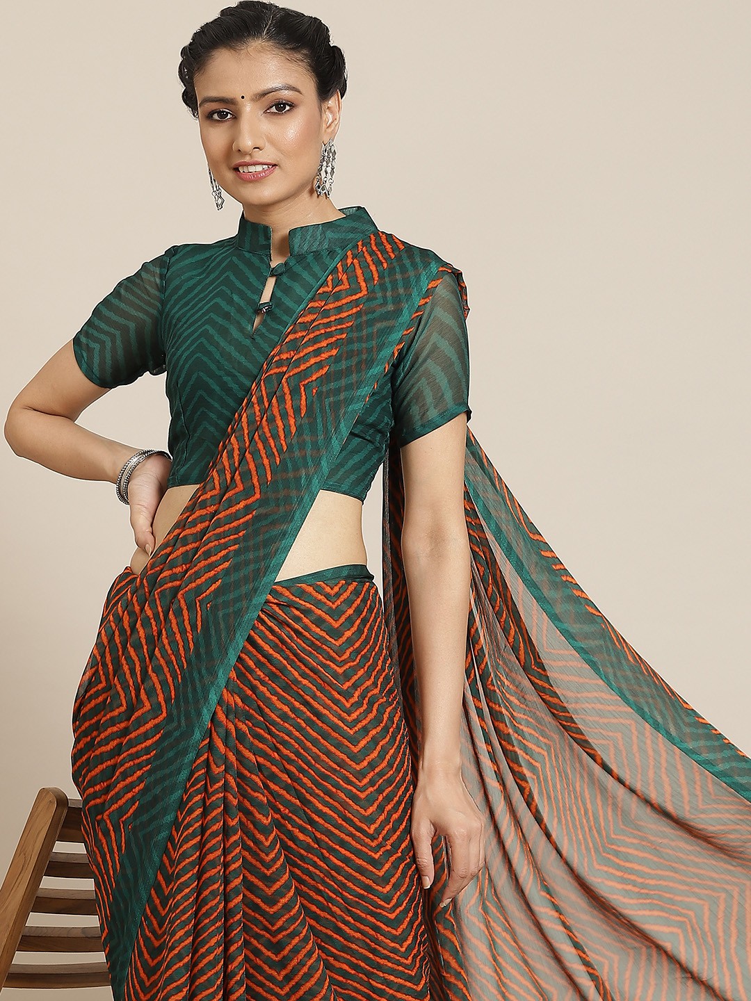 

Satrani Orange & Green Leheriya Pure Chiffon Leheriya Saree