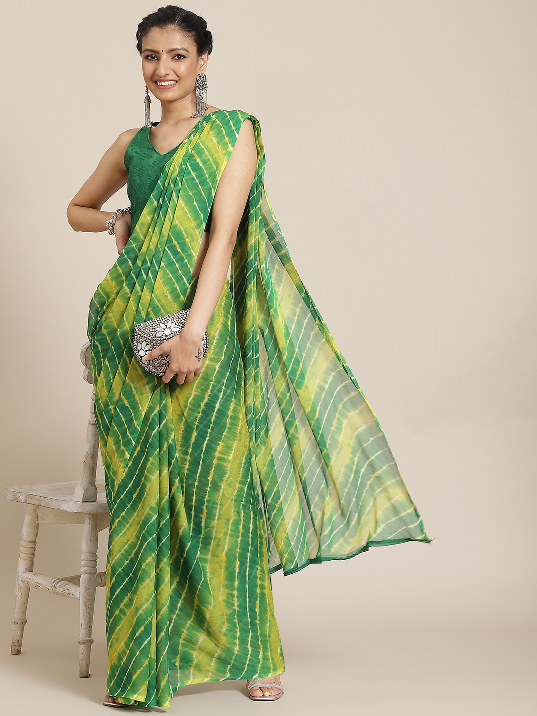 

Satrani Green & Yellow Leheriya Pure Chiffon Leheriya Saree