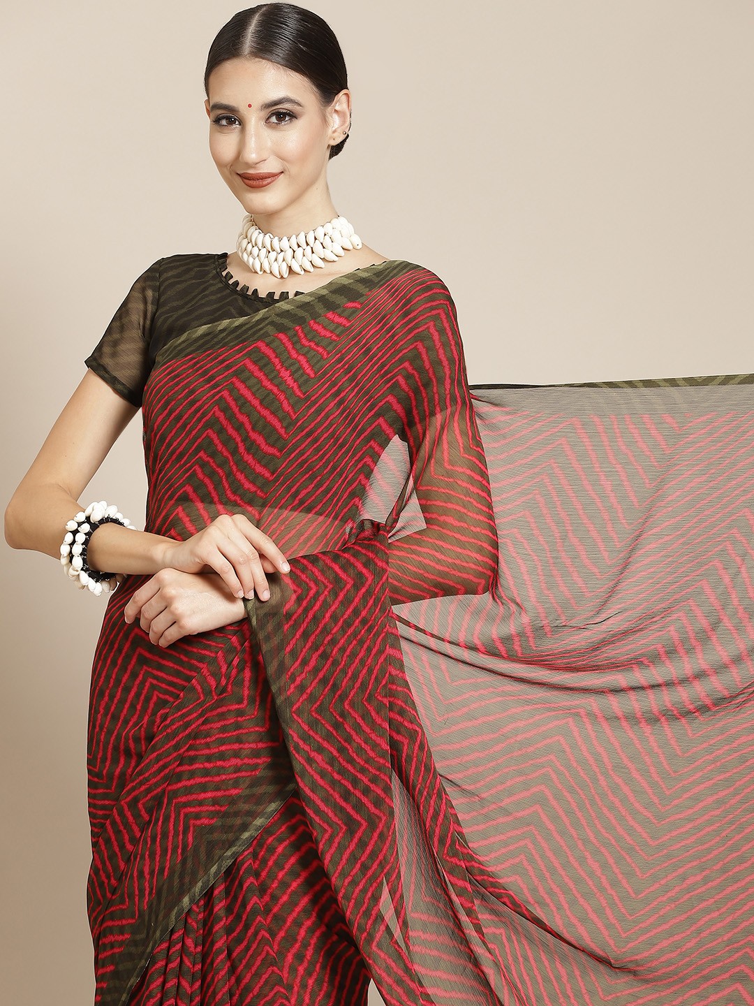 

Satrani Magenta & Green Leheriya Pure Chiffon Leheriya Saree