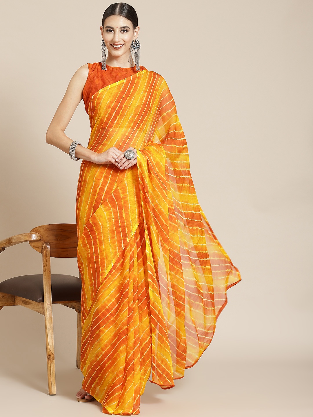 

Satrani Yellow & Orange Leheriya Pure Chiffon Leheriya Saree