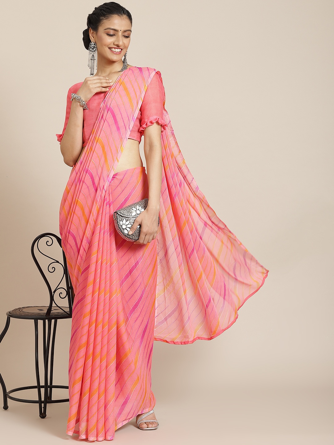 

Satrani Pink & Orange Leheriya Pure Chiffon Leheriya Saree