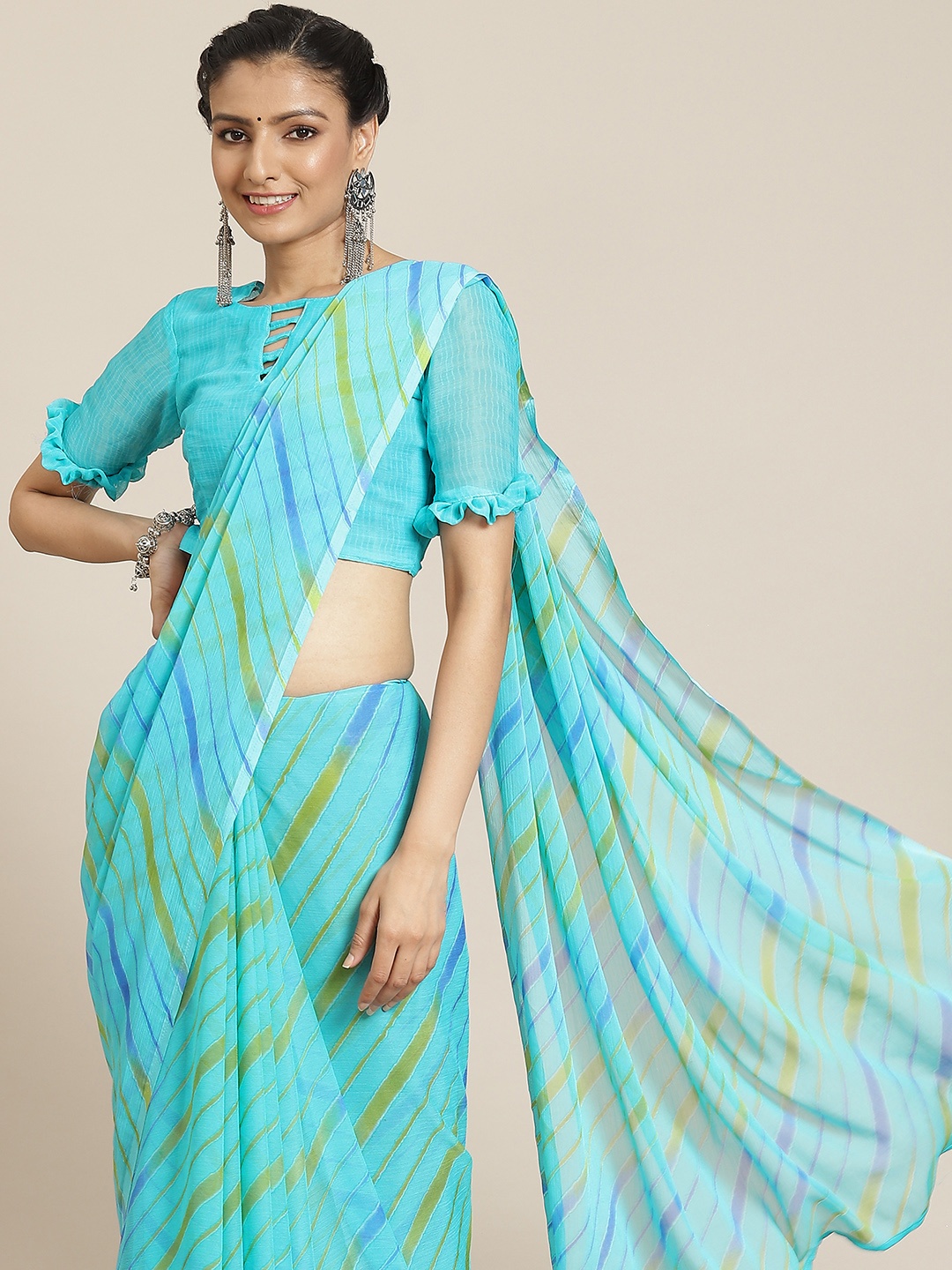 

Satrani Turquoise Blue Leheriya Pure Chiffon Leheriya Saree