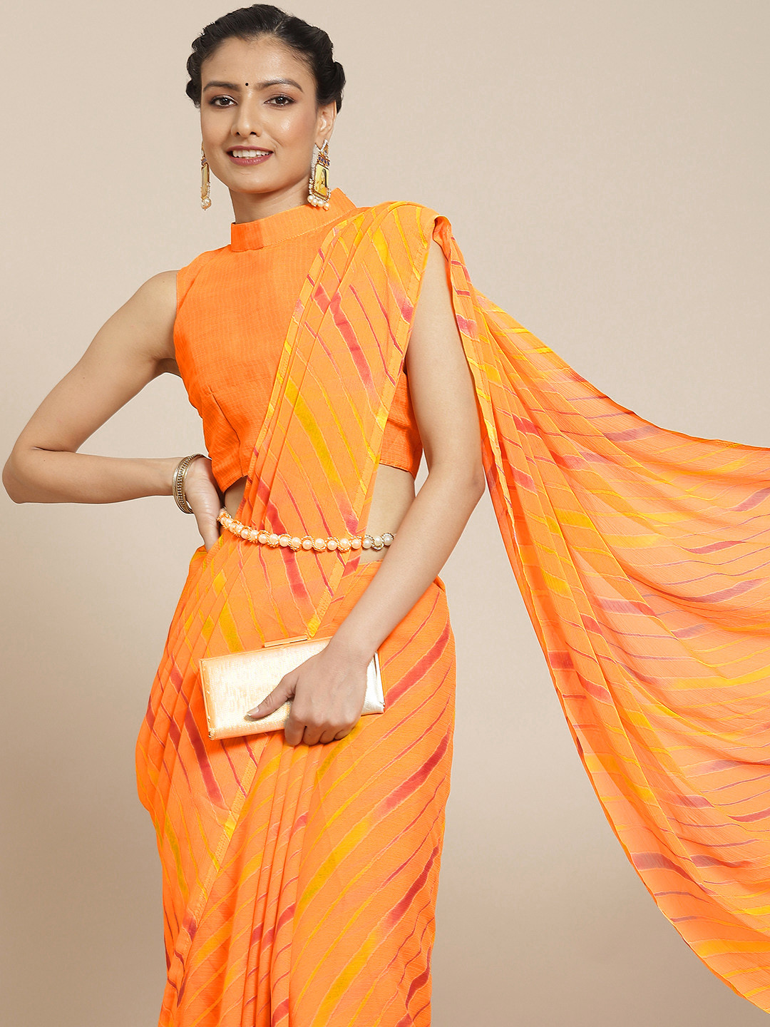 

Satrani Orange & Pink Leheriya Pure Chiffon Leheriya Saree