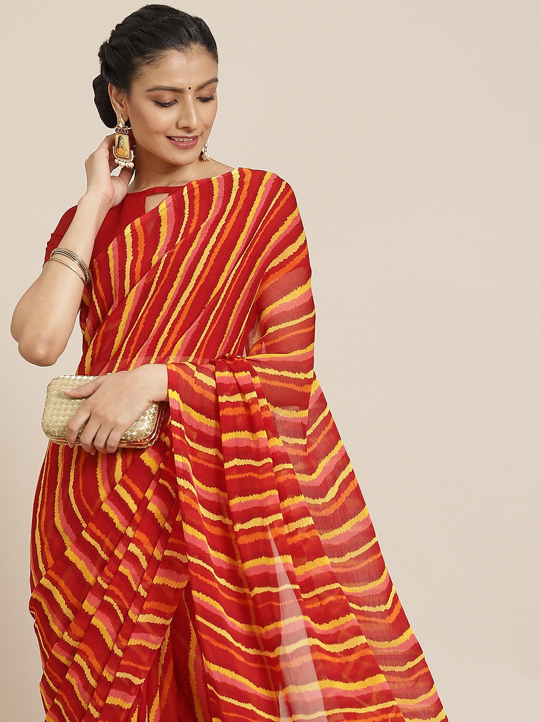

Satrani Red & Yellow Leheriya Pure Chiffon Leheriya Saree