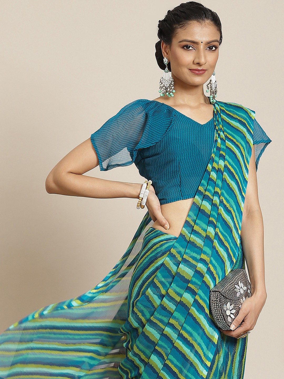 

Satrani Green & Blue Leheriya Pure Chiffon Leheriya Saree