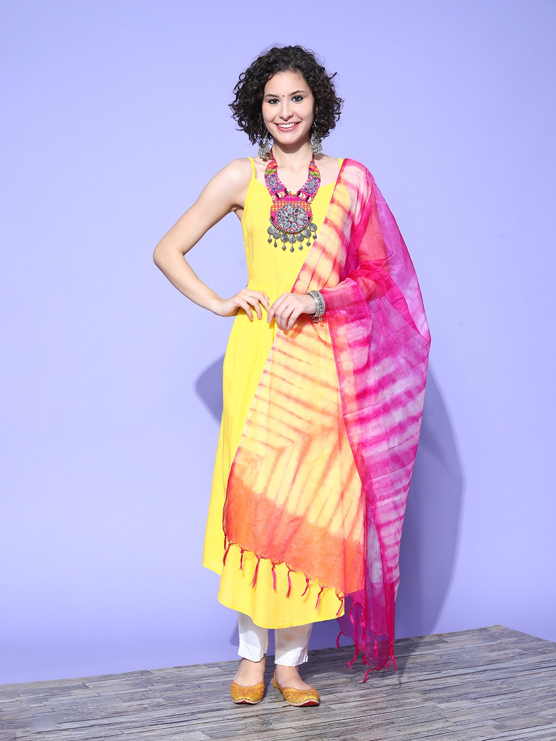 

InWeave Women Bright Yellow Viscose Rayon Spaghetti Straps Kurta