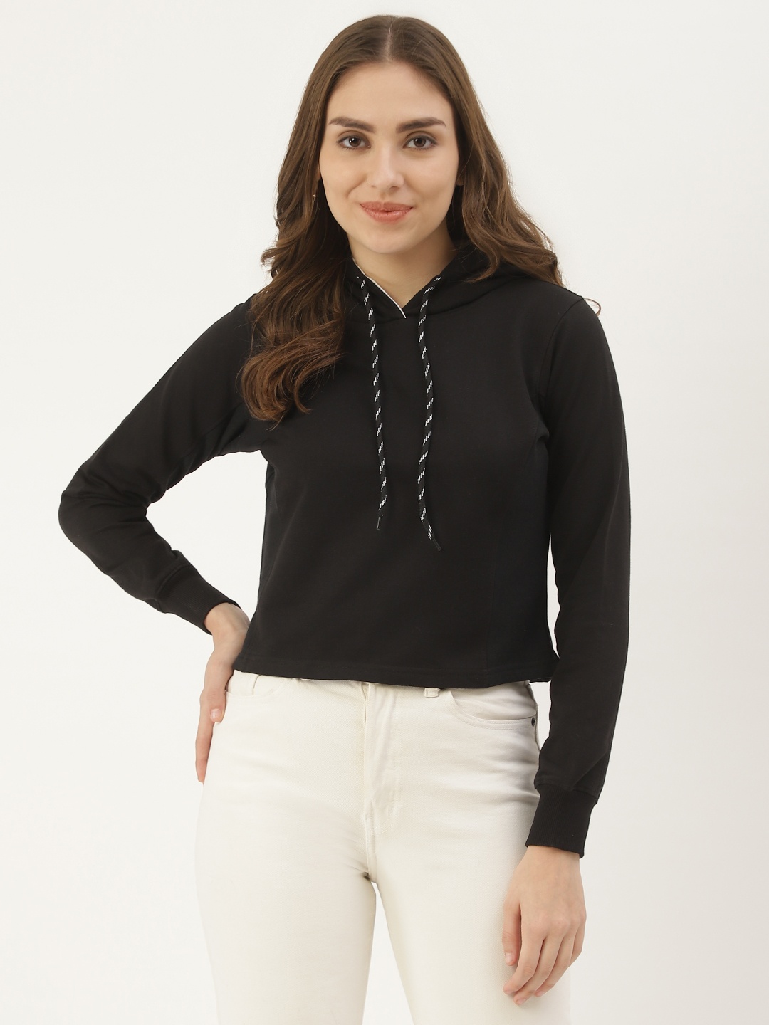

HILL STREET Women Black Solid Hooded Sweatshirt